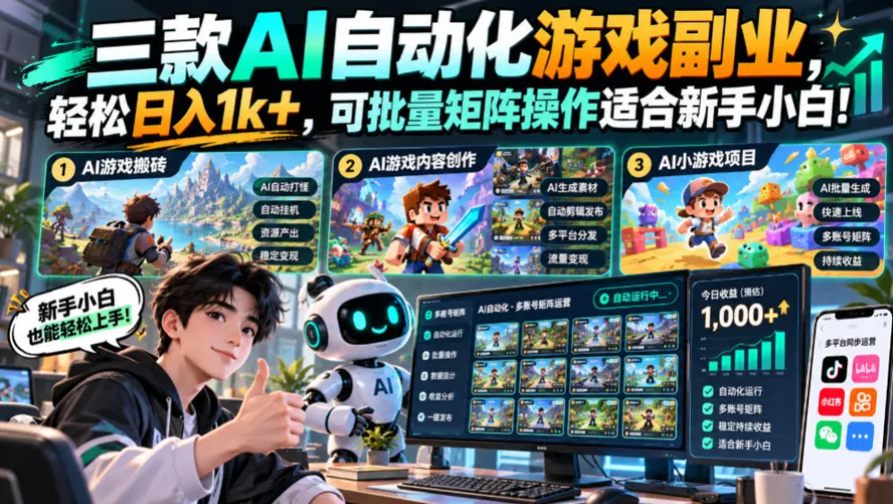 三款AI自动化游戏副业，轻松日入1k+，可批量矩阵操作适合新手小白！