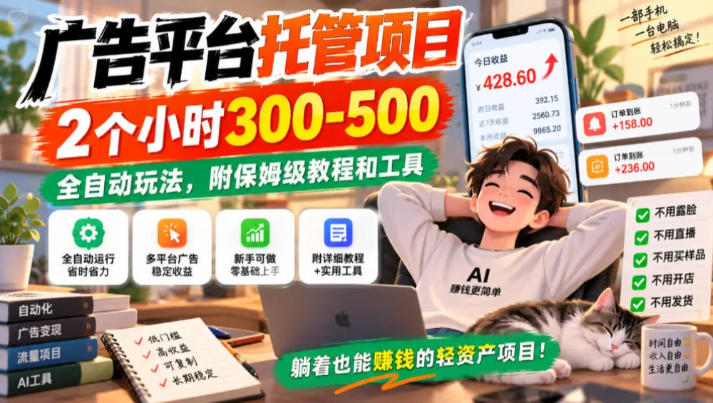 广告平台托管项目，2个小时300-500，全自动玩法，附保姆级教程和工具，小白照着就能做,第1张