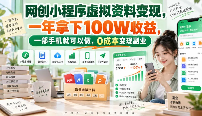网创小程序虚拟资料变现,一年拿下100W收益,一部手机就可以做,0成本变现副业!,第1张 网创小程序虚拟资料变现,一年拿下100W收益,一部手机就可以做,0成本变现副业!,第1张