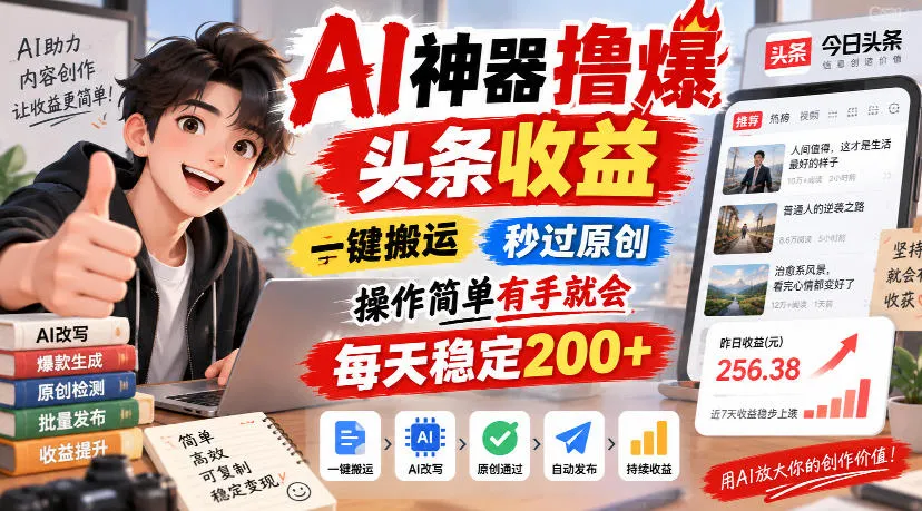 AI神器撸爆头条收益，一键搬运，秒过原创，操作简单有手就会，每天稳定200+,第1张