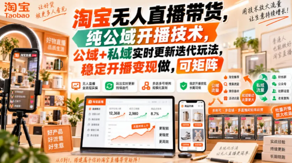 淘宝无人直播带货，纯公域开播技术，公域+私域实时更新迭代玩法，稳定开播变现做，可矩阵,第1张