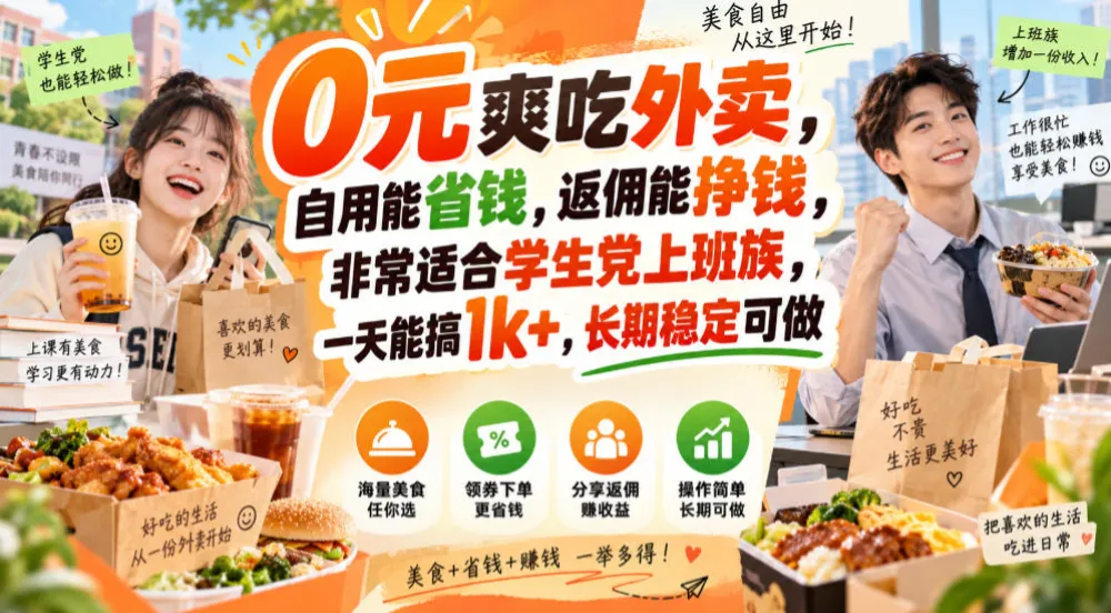 0元爽吃外卖,自用能省钱,返佣能挣钱,非常适合学生党上班族,一天能搞1k+,长期稳定可做,第1张 0元爽吃外卖,自用能省钱,返佣能挣钱,非常适合学生党上班族,一天能搞1k+,长期稳定可做,第1张