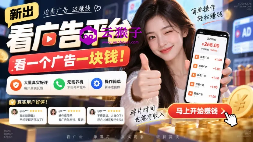 新出看广告平台,看一个广告一块钱,大量真实好评!无需养机、不会黑号,操作简单,第1张 新出看广告平台,看一个广告一块钱,大量真实好评!无需养机、不会黑号,操作简单,第1张